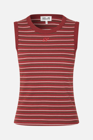 Front view of a sleeveless rust-red top with horizontal olive and white stripes, a crew neckline and small embroidered chest lettering.