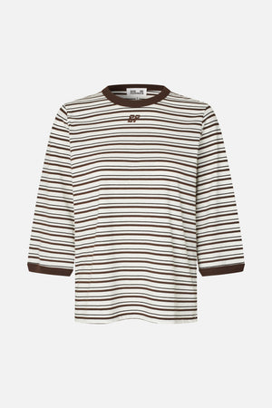 Front view of an ivory long-sleeved T-shirt with brown horizontal stripes, a dark brown crew neck and cuffs, and a small chest monogram.