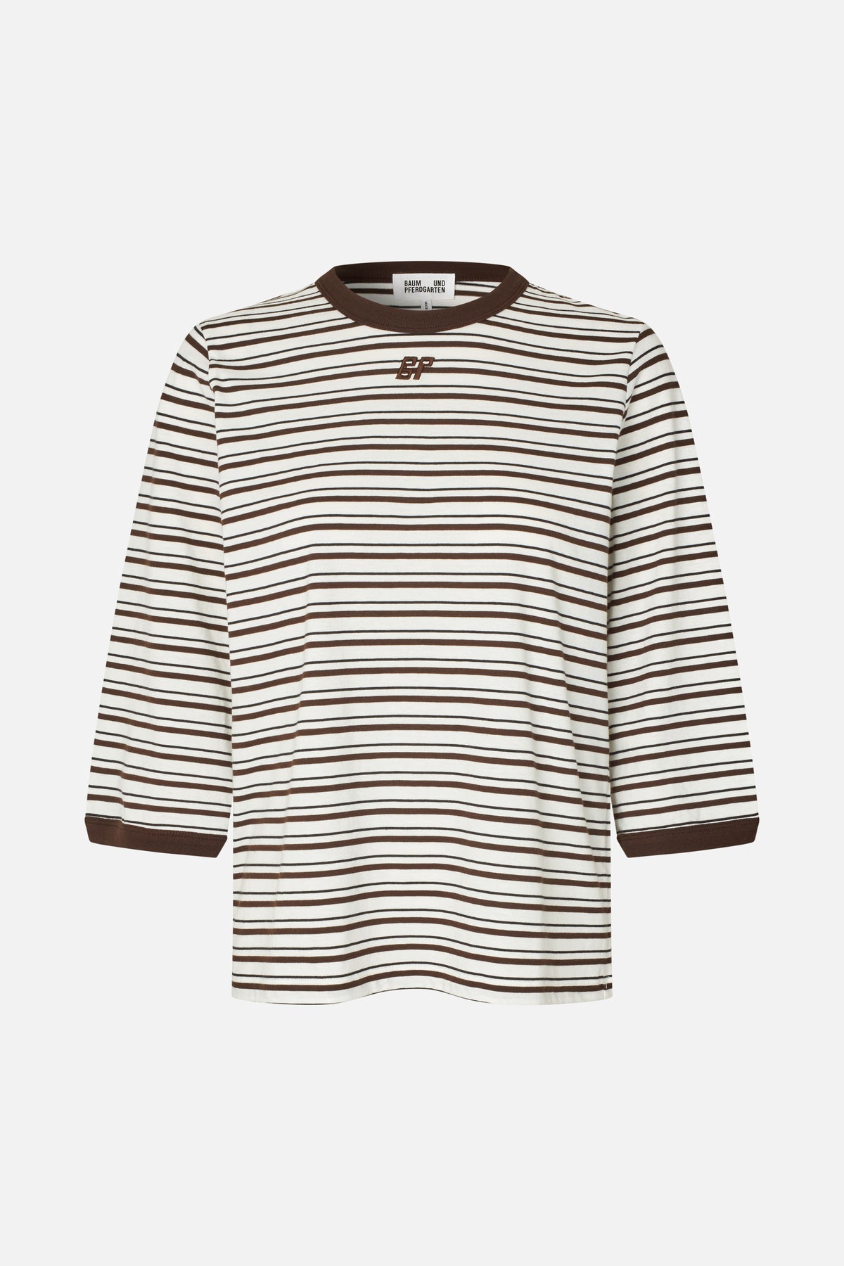 Front view of an ivory long-sleeved T-shirt with brown horizontal stripes, a dark brown crew neck and cuffs, and a small chest monogram.