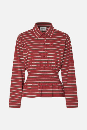 Front view of a red, brown and white striped long-sleeved collared shirt with a button placket, embroidered chest logo and elasticated waist.