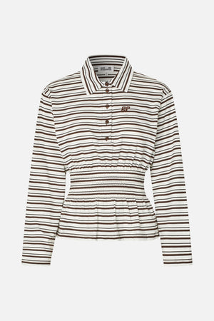 Front view of a cream long-sleeved collared shirt with brown horizontal stripes, a button placket, embroidered chest emblem and smocked waist.
