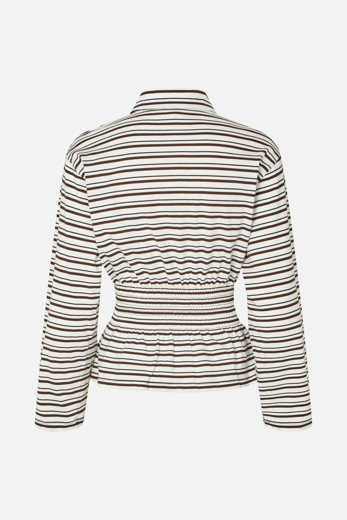 Back view of an ivory long-sleeved top with brown horizontal stripes, a high neckline and a smocked waist.