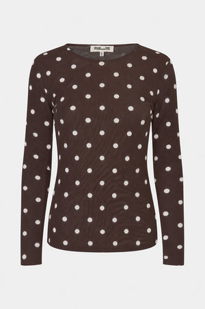 Front view of a fitted dark brown long-sleeved top with a round neckline and white polka dots.