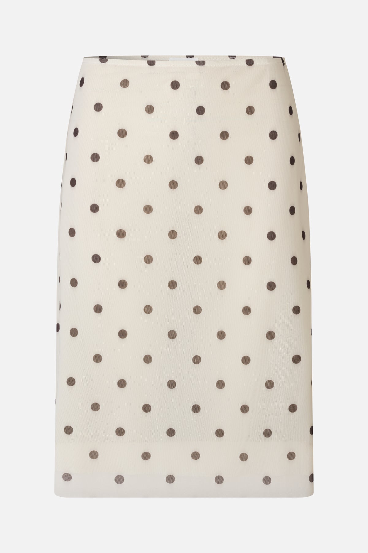 Front view of a cream A-line skirt with evenly spaced dark brown polka dots.
