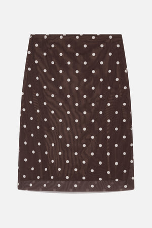 Front view of a sheer brown A-line skirt with evenly spaced white polka dots and a straight waistband.