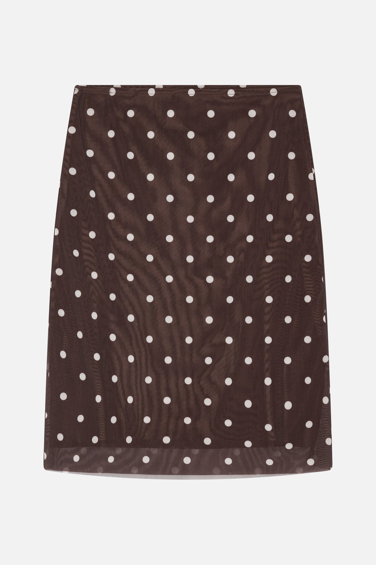 Front view of a sheer brown A-line skirt with evenly spaced white polka dots and a straight waistband.