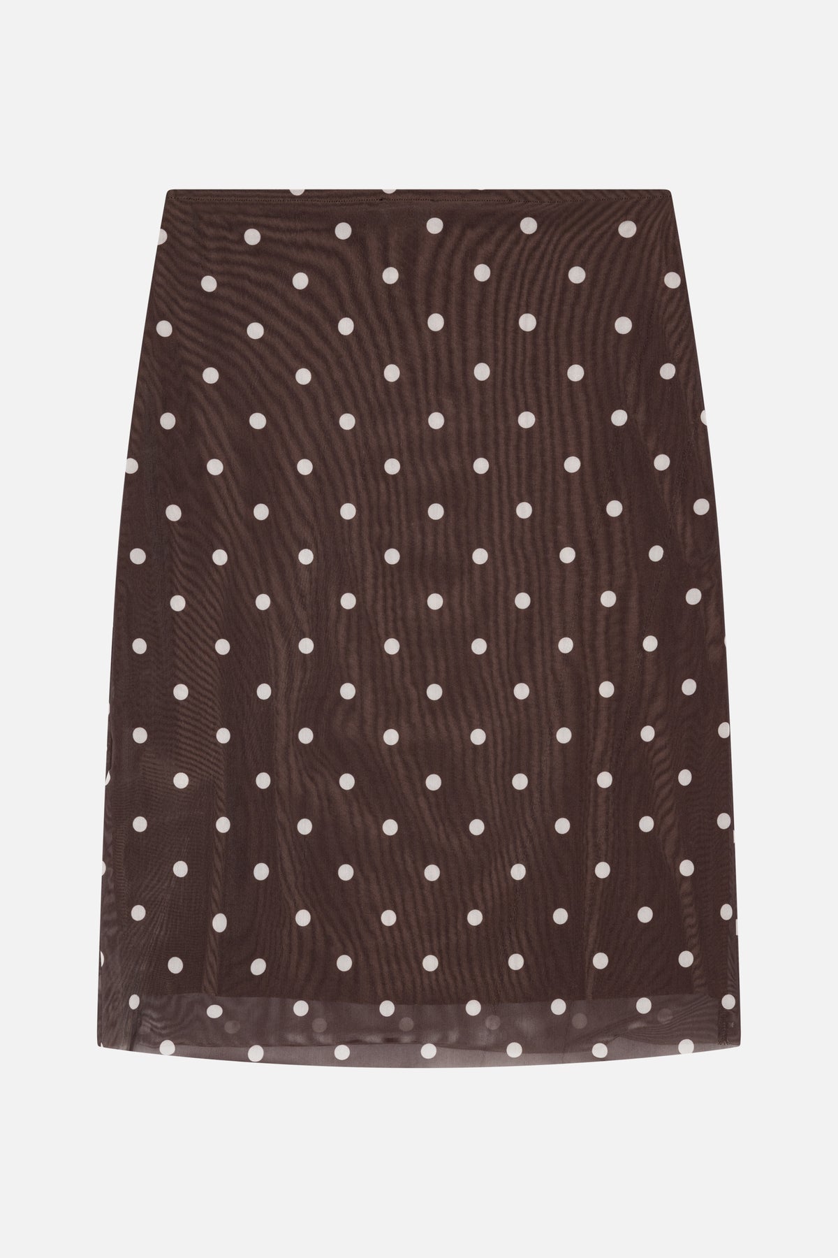 Sheer brown skirt with evenly spaced white polka dots, shown flat from the front with a subtle top seam and hem.