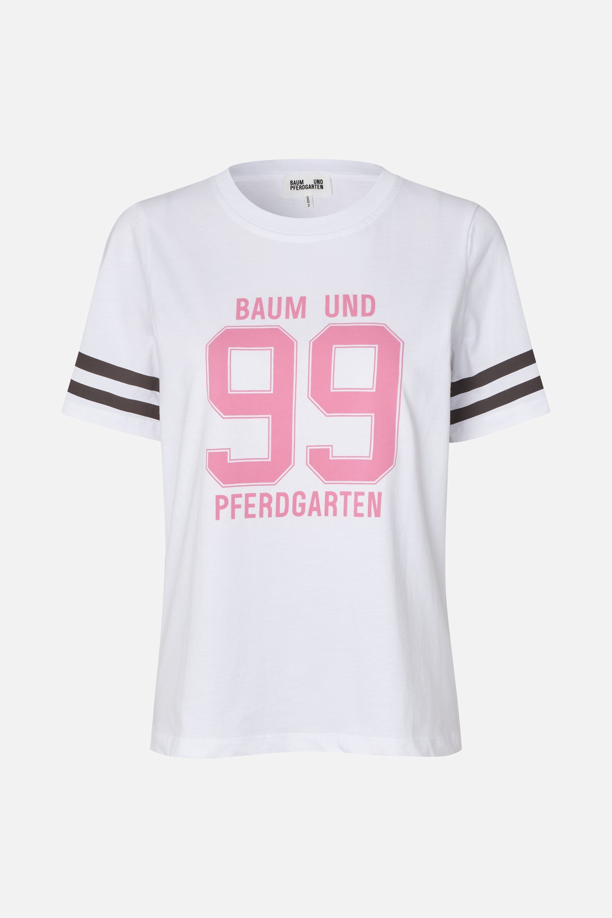 White crew-neck T-shirt with a large pink “99” and Baum und Pferdgarten lettering, plus dark double stripes on the sleeves.