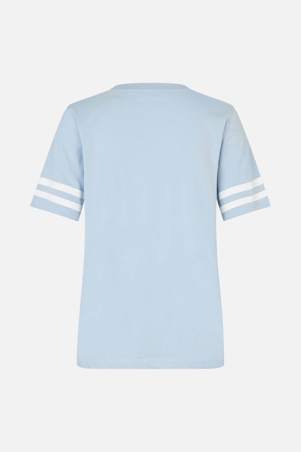 Back view of a light blue short-sleeved T-shirt with two white stripes around each sleeve.
