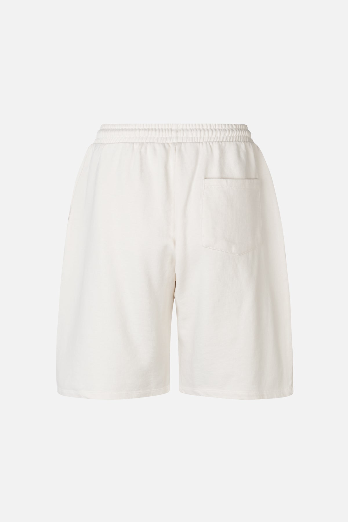 Off-white knee-length sweat shorts with an elasticated waistband and single back patch pocket, rear view