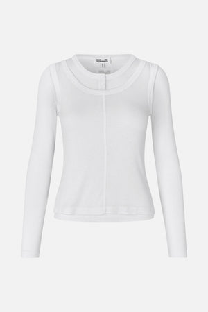 Front view of a white long-sleeved top with a layered scoop neckline, two-button placket and vertical centre seam.
