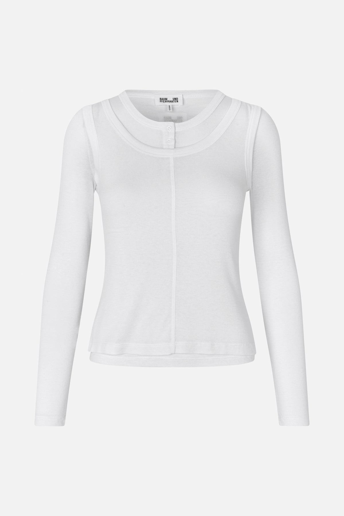 Front view of a white long-sleeved top with a layered scoop neckline, two-button placket and vertical centre seam.