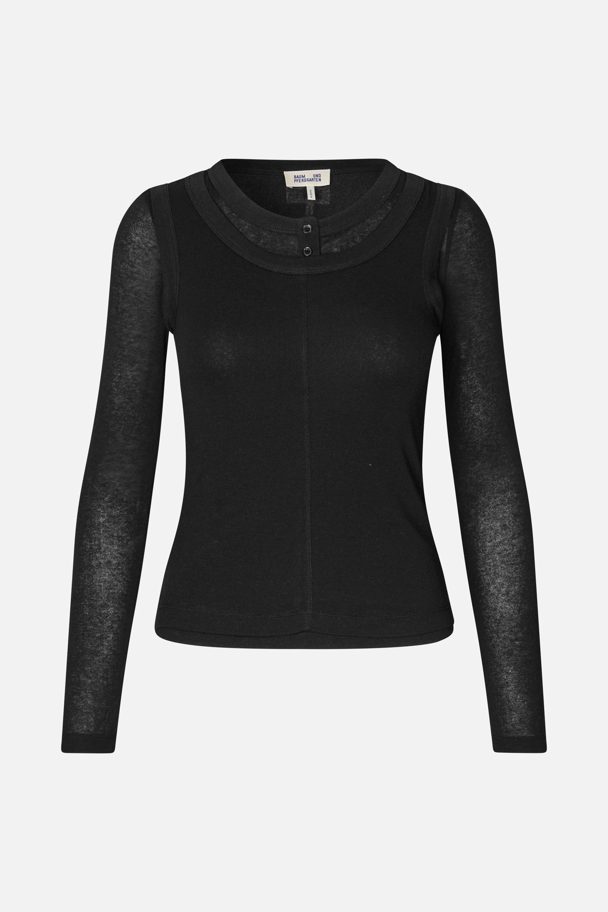 Front view of a black long-sleeved top with sheer sleeves, a layered rounded neckline and two buttons.