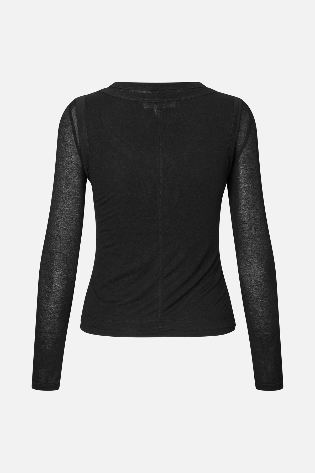 Back view of a fitted black long-sleeved top with sheer sleeves, a broad folded collar and a centre seam.