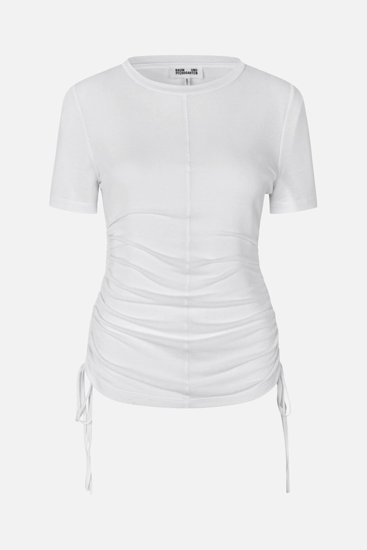 Front view of a white short-sleeved crew-neck top with a centre seam and ruched sides tied with drawstrings.