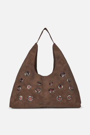 Front view of a brown shoulder bag with a long strap and rows of silver metal eyelets.