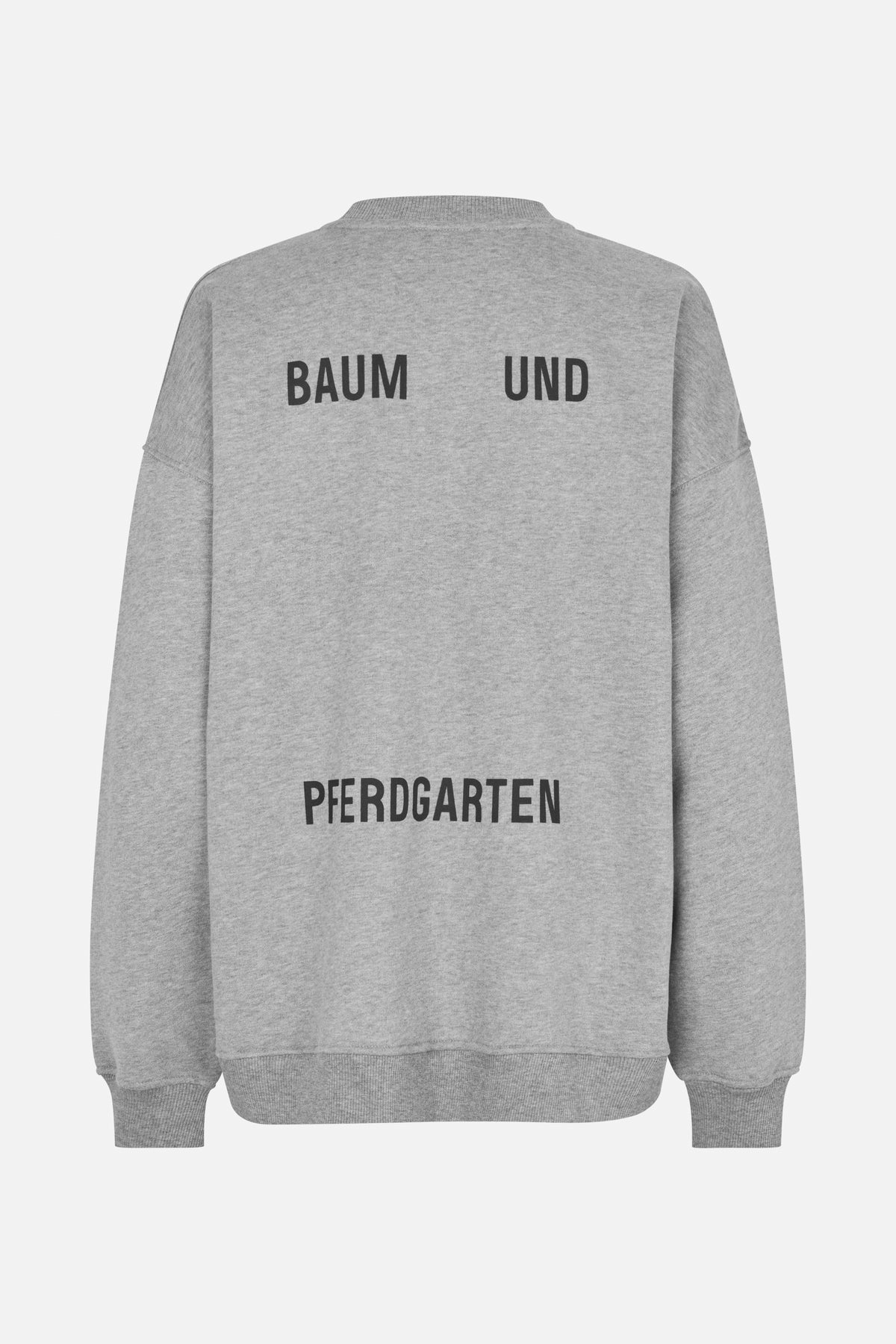 Heather grey sweatshirt shown from the back, with black BAUM UND lettering across the shoulders and PFERDGARTEN lettering lower down.
