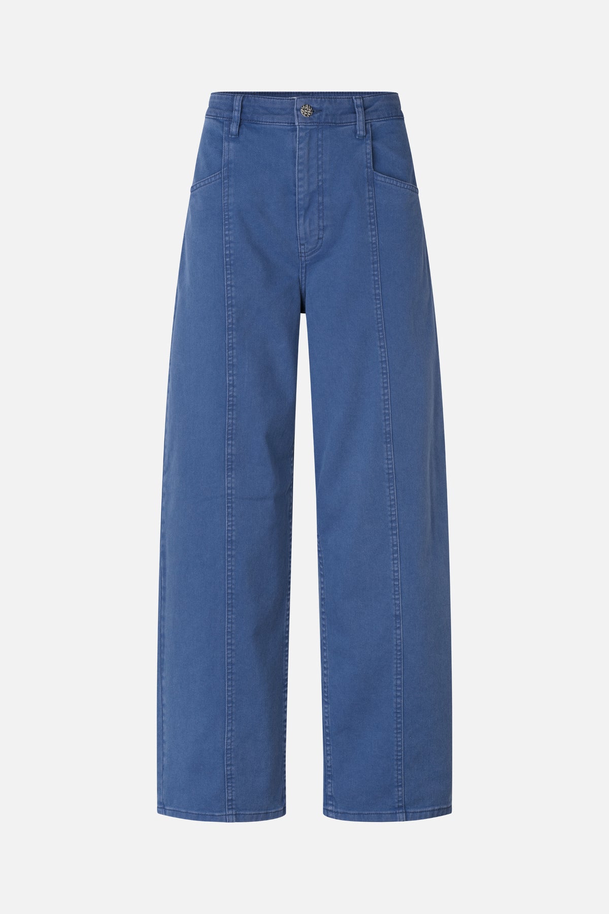 Blue wide-leg denim jeans with a high waist, belt loops and curved front pockets, shown from the front.
