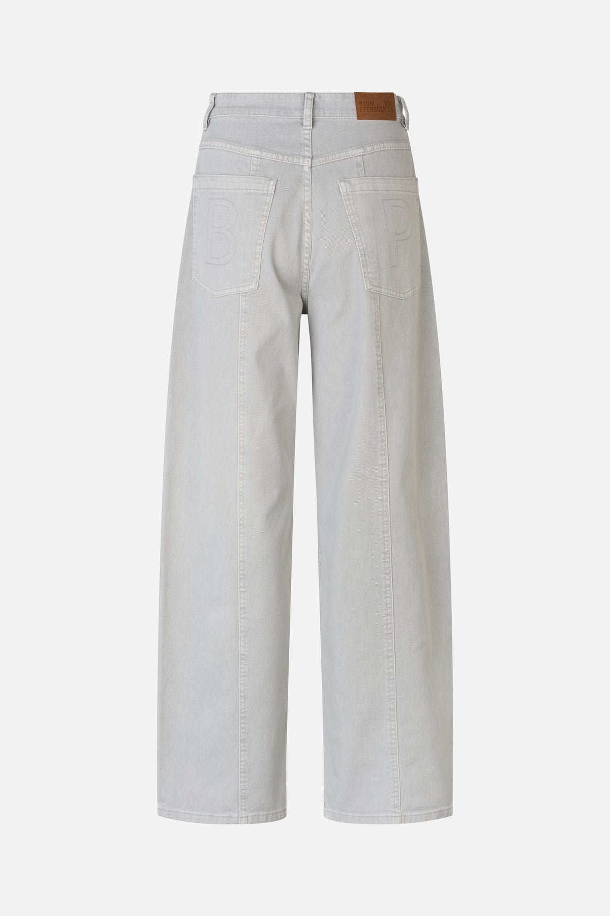 Back view of light grey wide-leg jeans with belt loops, two oversized back pockets and embossed letter detailing.