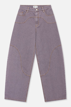 Front view of lavender wide-leg jeans with contrast orange stitching, curved panel seams, belt loops and front pockets.