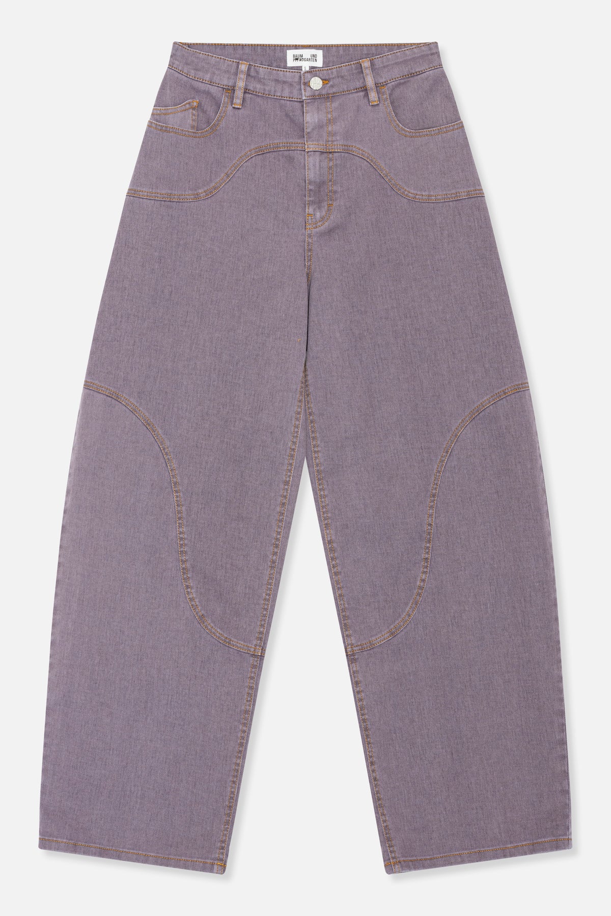 Front view of lavender wide-leg jeans with contrast orange stitching, curved panel seams, belt loops and front pockets.