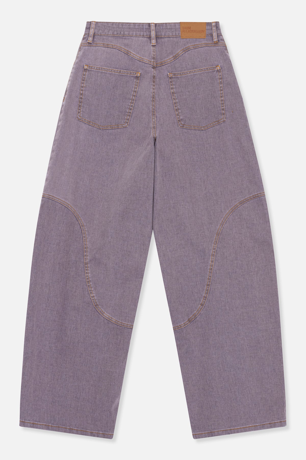 Back view of wide-leg lavender-grey jeans with tan contrast stitching, two patch pockets, belt loops and curved leg panels.