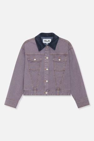 Front view of a mauve denim jacket with a dark ribbed collar, contrast topstitching, and buttoned chest pockets.