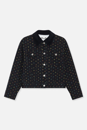 Front view of a black jacket with a tiny multicolour floral print, corduroy collar, button fastening and two flap chest pockets