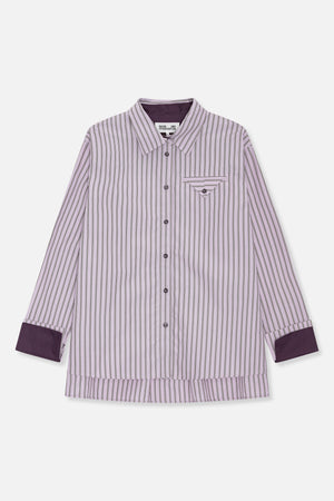 Front view of a lavender button-up shirt with narrow dark vertical stripes, a pointed collar, chest pocket and deep purple cuffs.