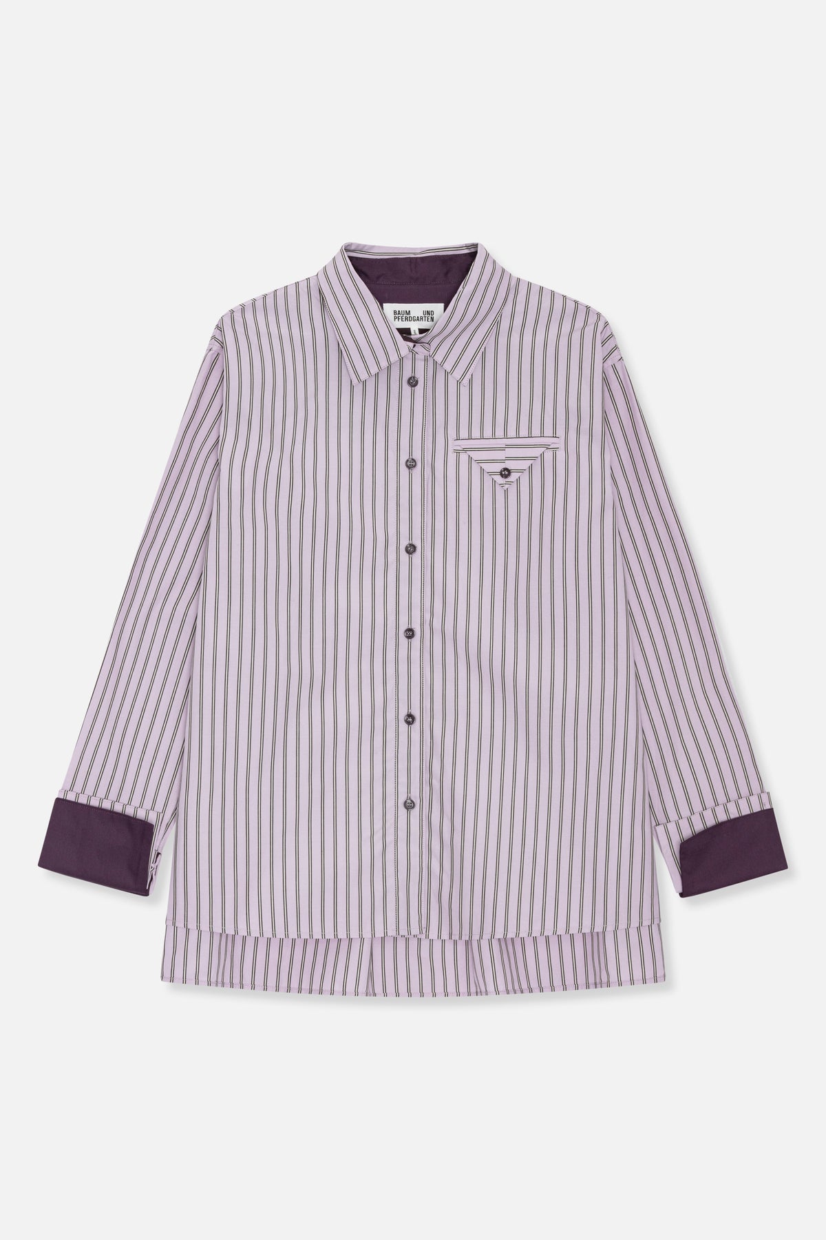 Front view of a lavender button-up shirt with narrow dark vertical stripes, a pointed collar, chest pocket and deep purple cuffs.