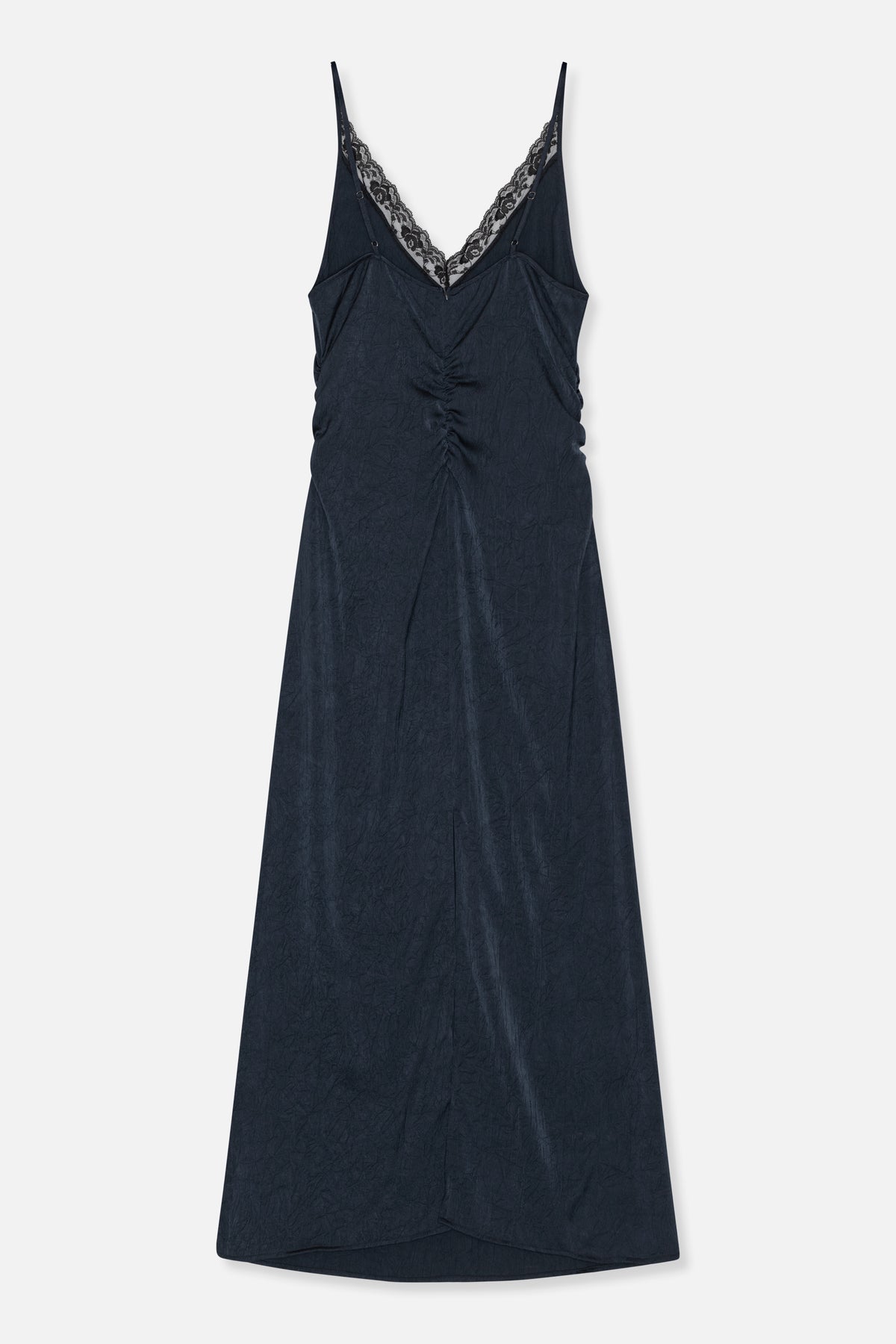 Front view of a dark navy slip dress with thin straps, a lace-trimmed V-neck, and a gathered center seam.