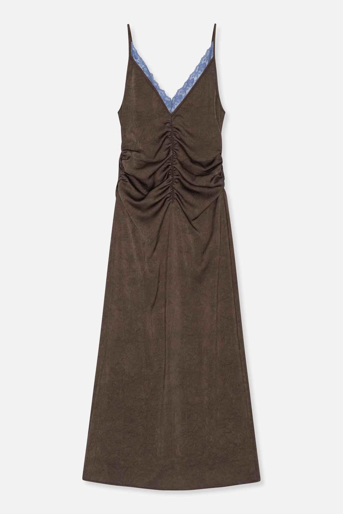 Front view of a long brown slip dress with a blue lace-trimmed V-neck, thin straps, and gathered center-front ruching.