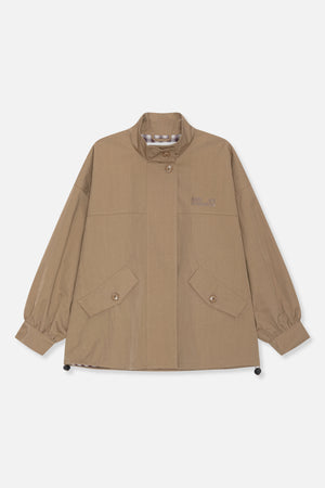 Front view of a taupe jacket with a stand collar, concealed button fastening, angled flap pockets, gathered cuffs and checked lining.