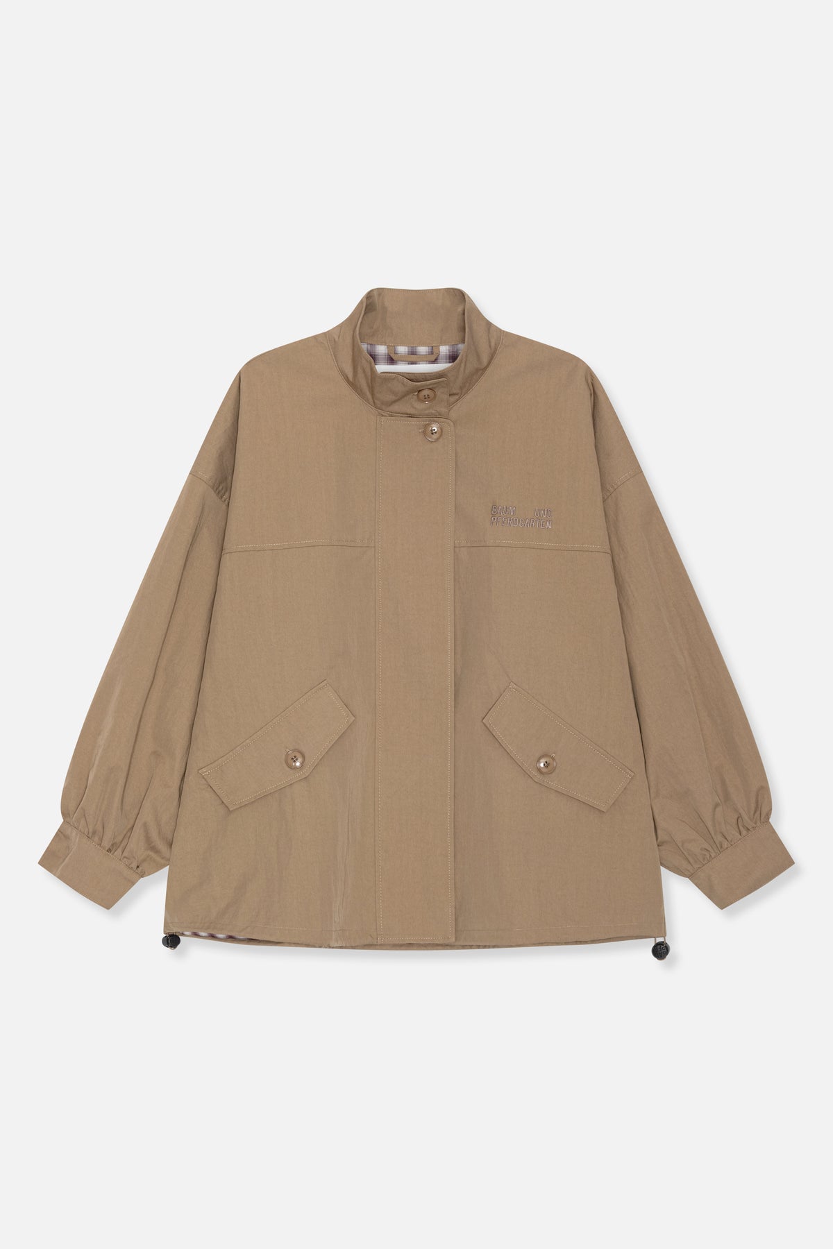 Front view of a taupe jacket with a stand collar, concealed button fastening, angled flap pockets, gathered cuffs and checked lining.