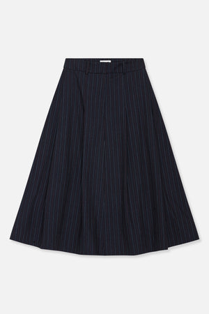 Front view of a dark navy A-line skirt with fine vertical pinstripes, a wide waistband and belt loops