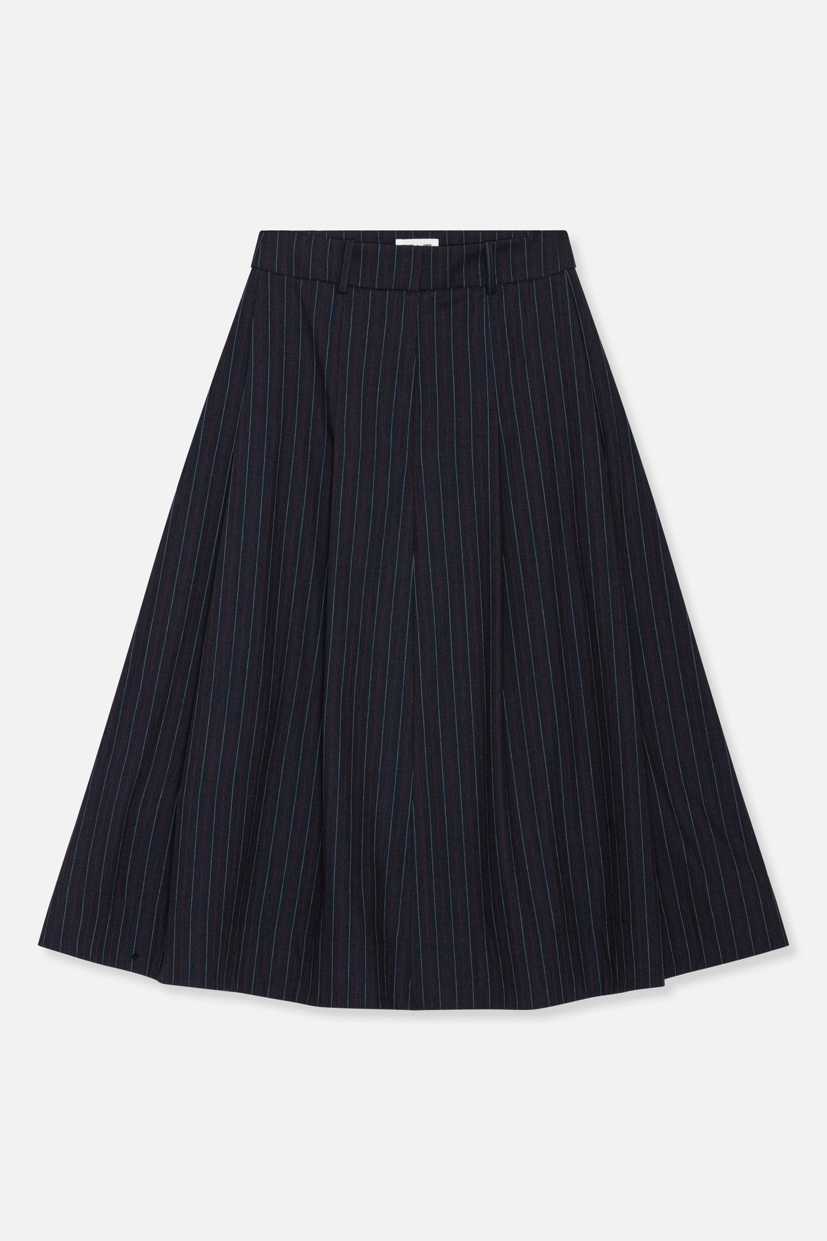 Front view of a dark navy A-line skirt with fine vertical pinstripes, a wide waistband and belt loops