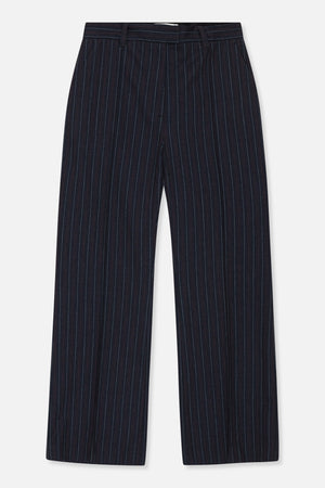 Front view of dark navy wide-leg trousers with fine vertical pinstripes and belt loops.