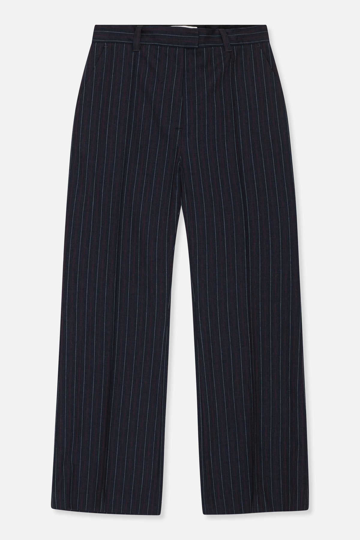 Front view of dark navy wide-leg trousers with fine vertical pinstripes and belt loops.