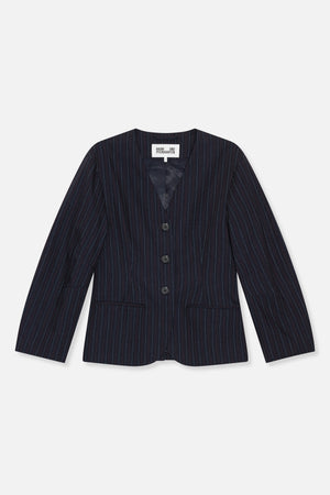 Front view of a dark navy pinstriped blazer with a collarless neckline, three buttons and two welt pockets.