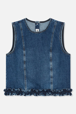 Front detail of a dark blue denim sleeveless top with a round neckline, contrast stitching, curved panel seams and a ruffled hem.