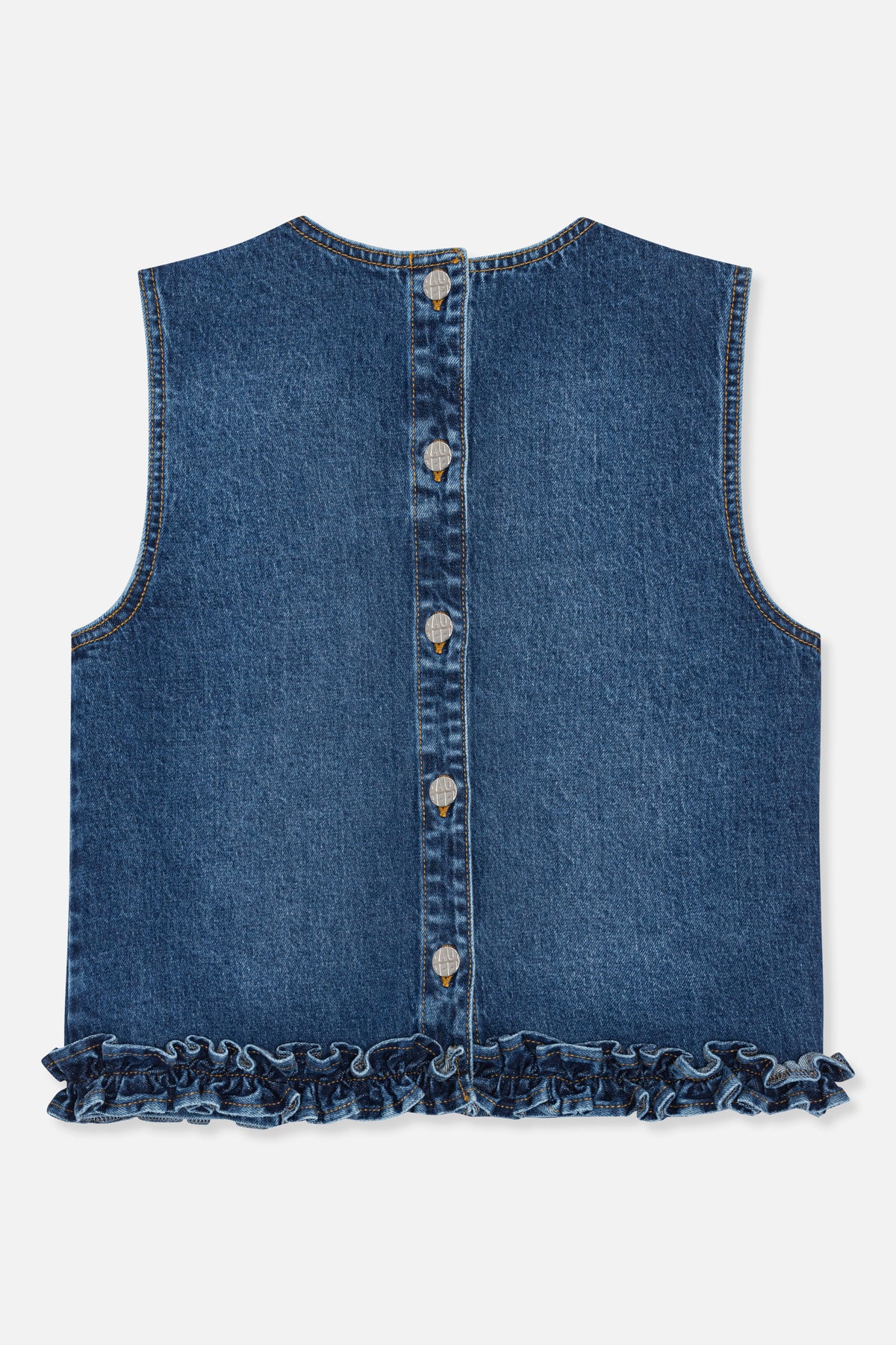 Back view of a blue denim sleeveless top with a center button placket, contrast stitching and a ruffled hem