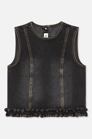 Front view of a charcoal-black sleeveless denim top with a round neckline, orange contrast stitching and a ruffled hem
