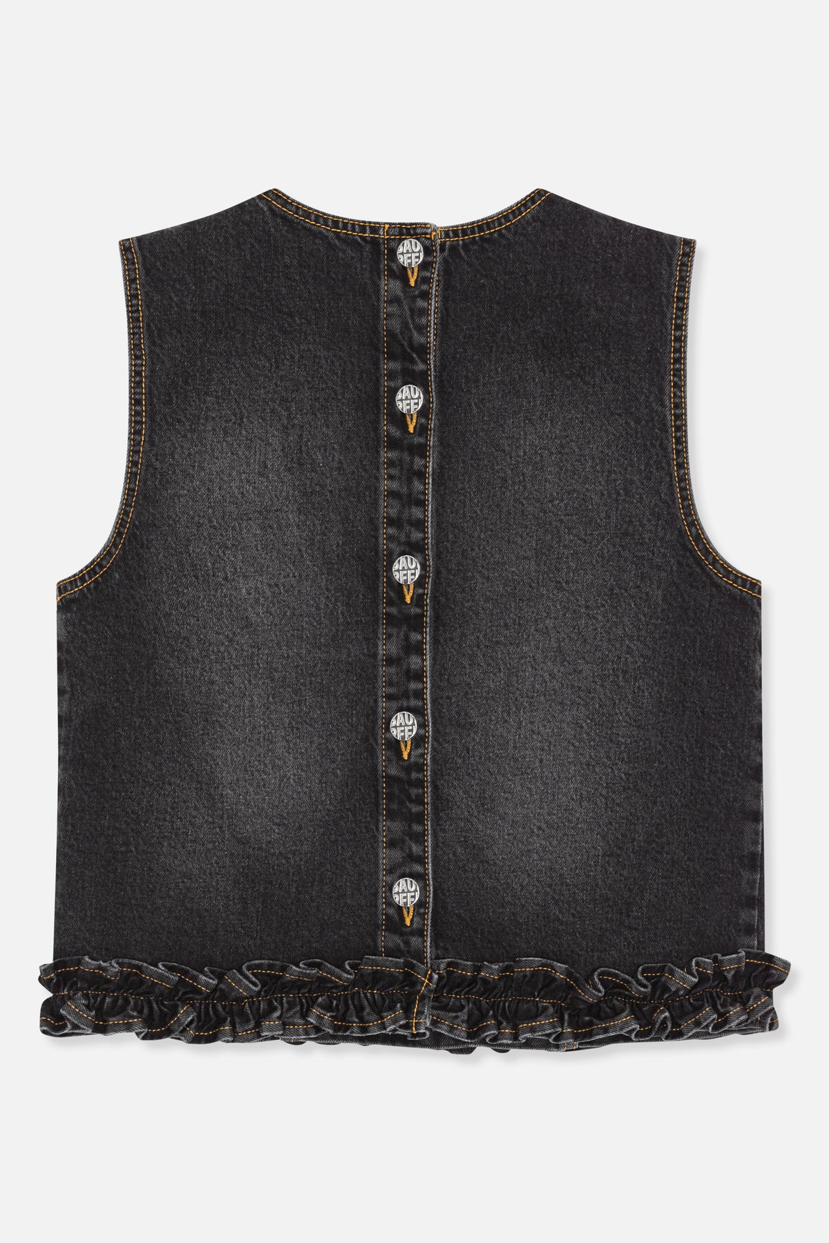 Back view of a black denim sleeveless top with orange contrast stitching, branded buttons and a ruffled hem.