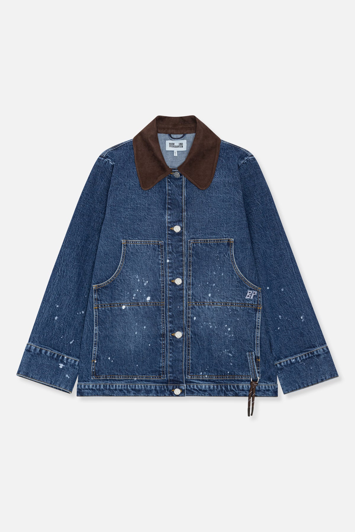 Front view of a blue denim jacket with a brown contrast collar, white splatter pattern, button fastening and two patch pockets.