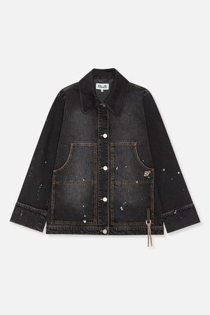Front view of a charcoal denim jacket with an oversized collar, contrast stitching, paint splatters, button closure and large patch pockets.