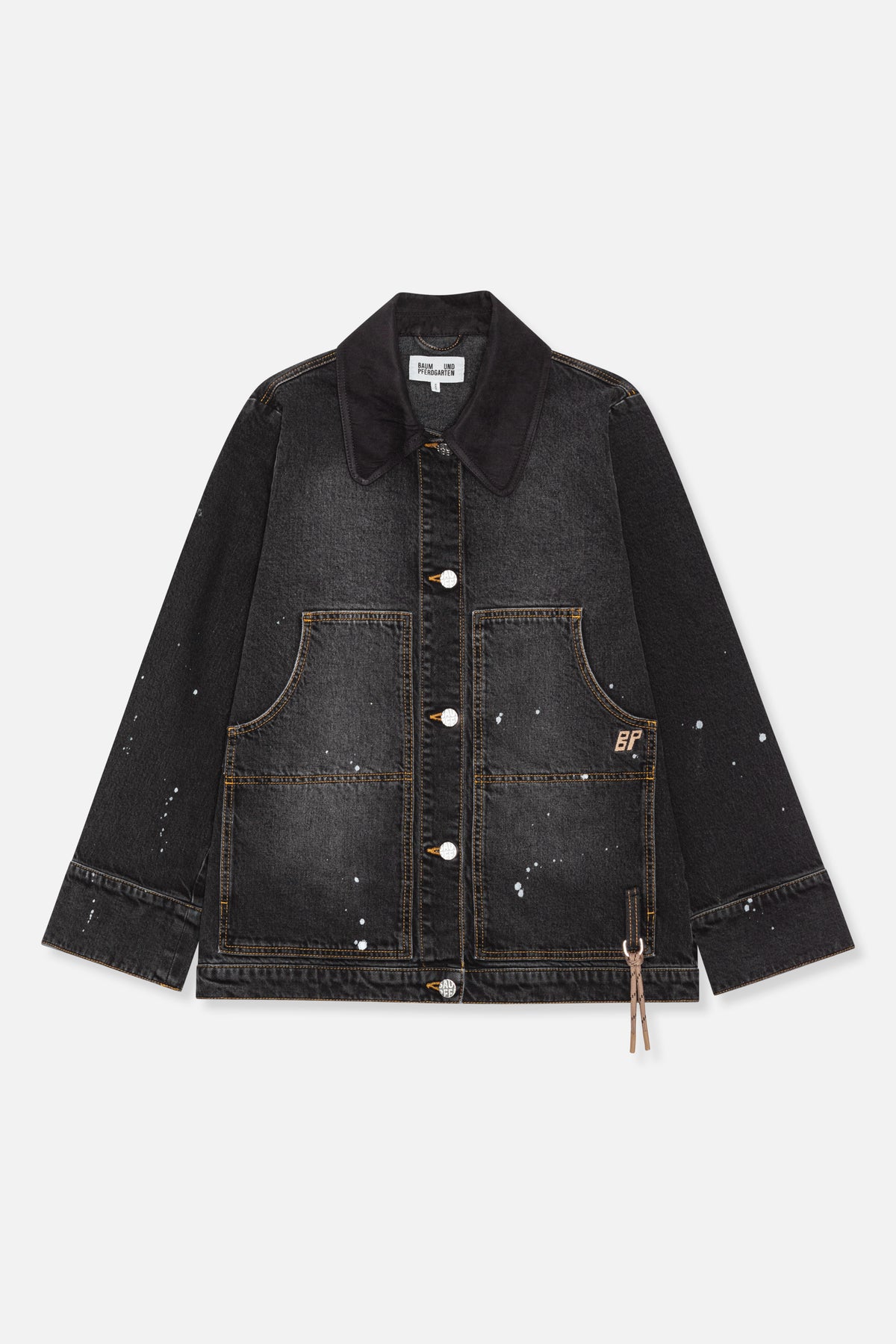 Front view of a charcoal denim jacket with an oversized collar, contrast stitching, paint splatters, button closure and large patch pockets.
