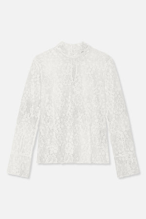 Front view of a white long-sleeved lace blouse with an all-over floral pattern and a high neckline.