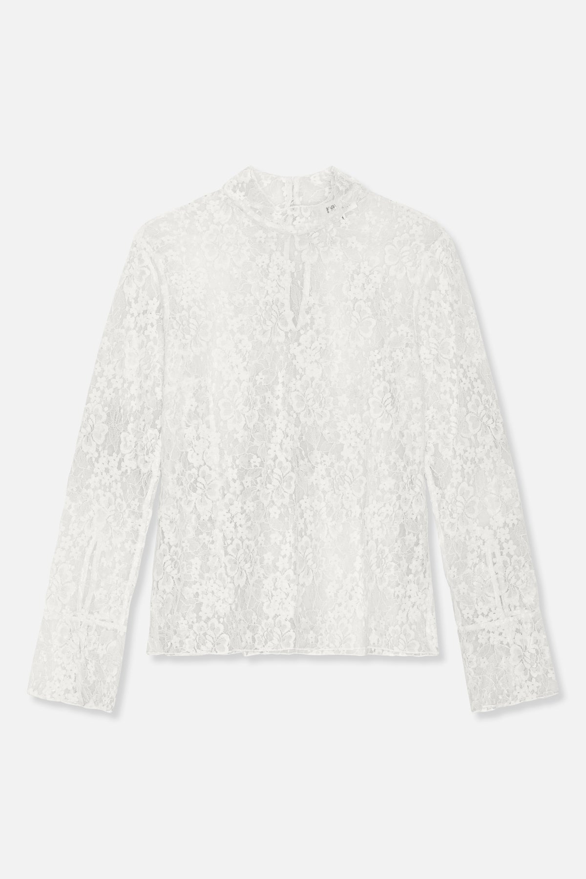 Front view of a white long-sleeved lace blouse with an all-over floral pattern and a high neckline.