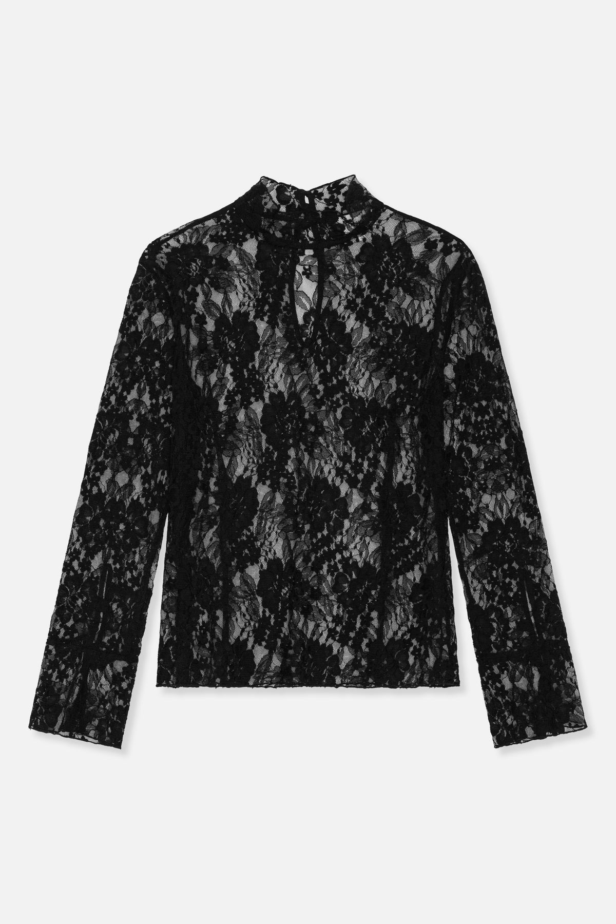 Schwarzes Spitzenoberteil mit langen Ärmeln, hohem Halsausschnitt und transparentem Blumenmuster, von vorne gezeigt.