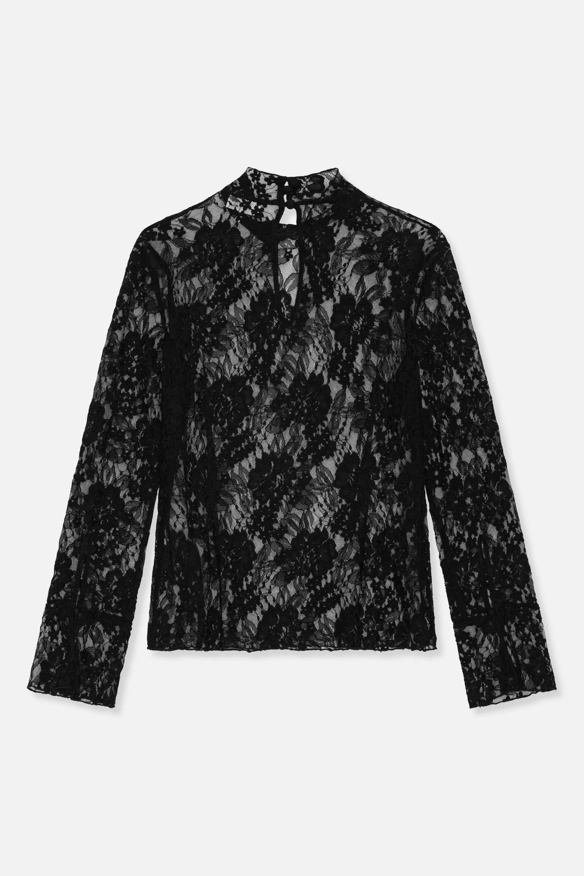 Schwarzes, transparentes Spitzenoberteil mit Blumenmuster, langen Ärmeln, hohem Kragen und kleinem Schlüsselloch-Ausschnitt, flach von vorne abgebildet.